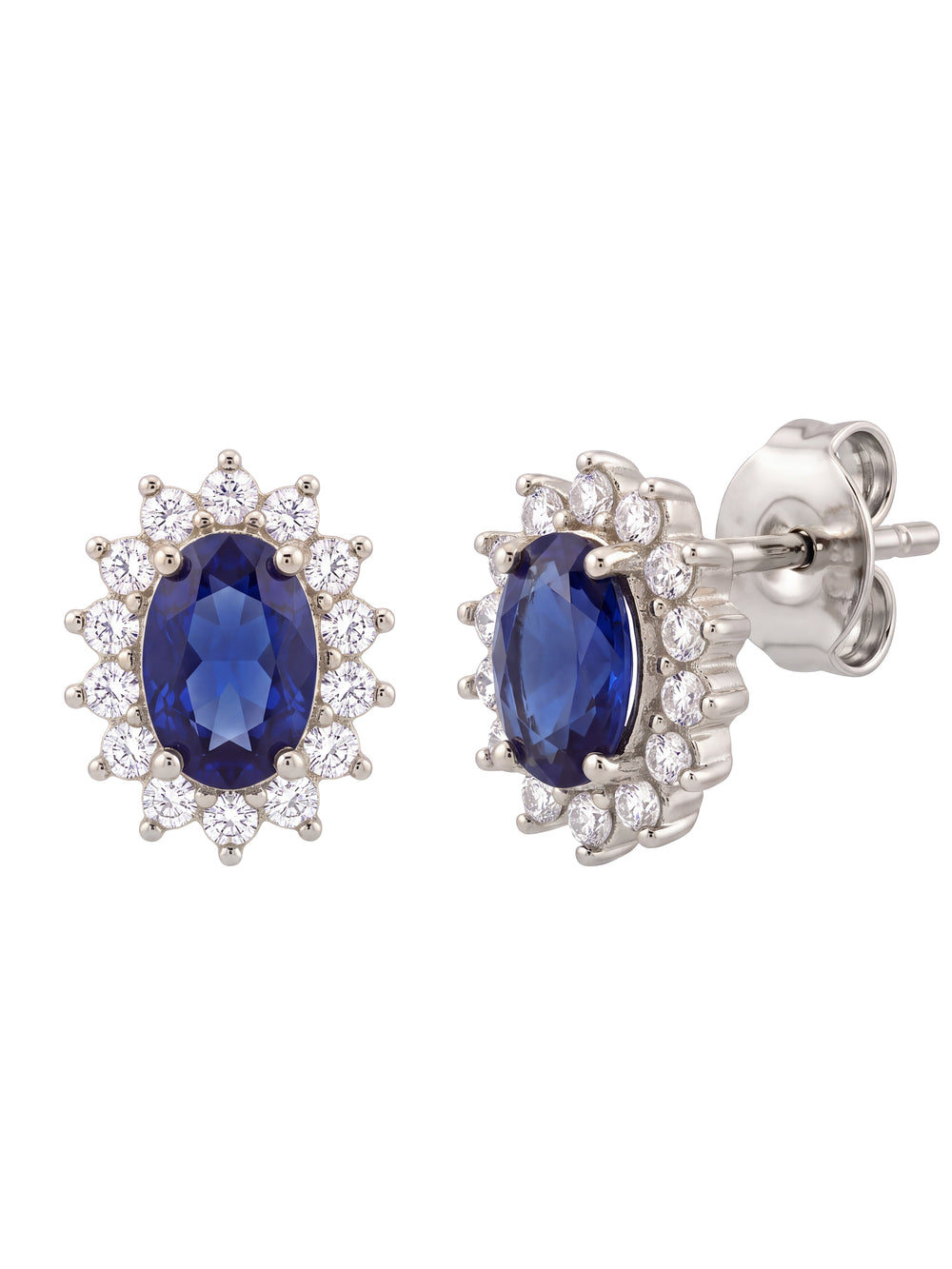 Par Arete Zirconia Azul Ovalada Con Halo Floral