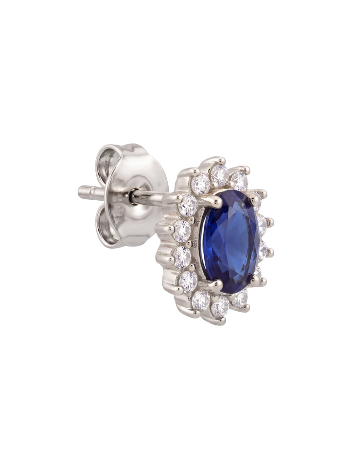 Par Arete Zirconia Azul Ovalada Con Halo Floral