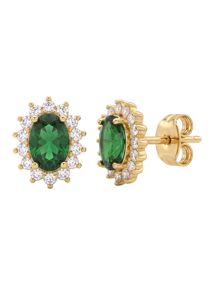 Par Arete Zirconia Verde Ovalada Con Halo Floral