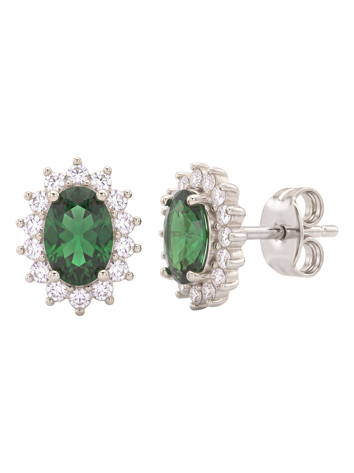 Par Arete Zirconia Verde Ovalada Con Halo Floral