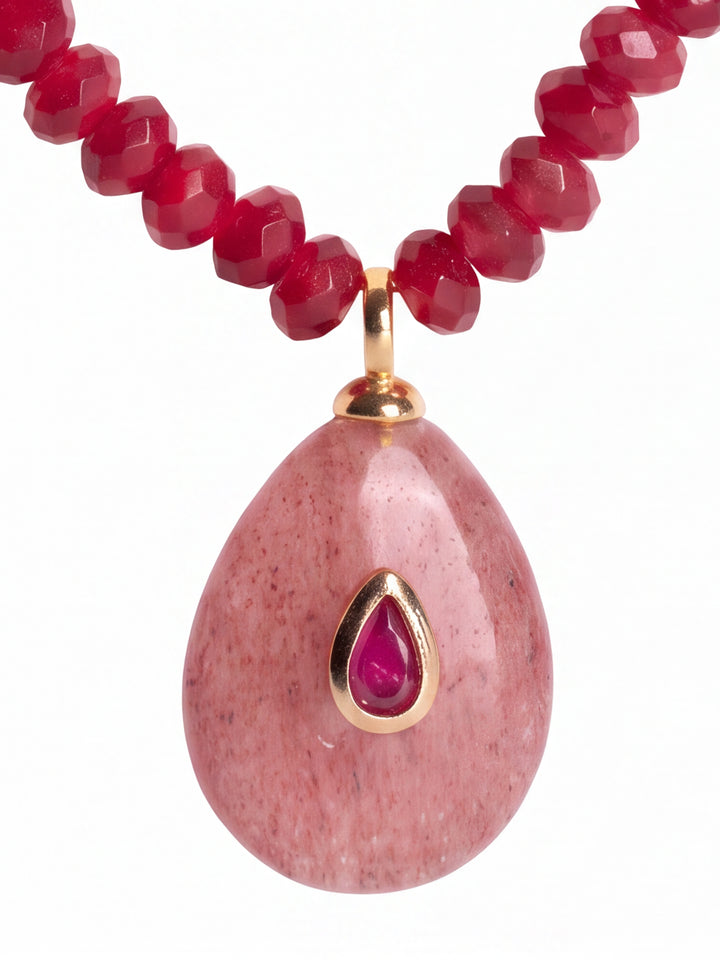 Collar Piedra Natural Roja Con Dije Ovalado