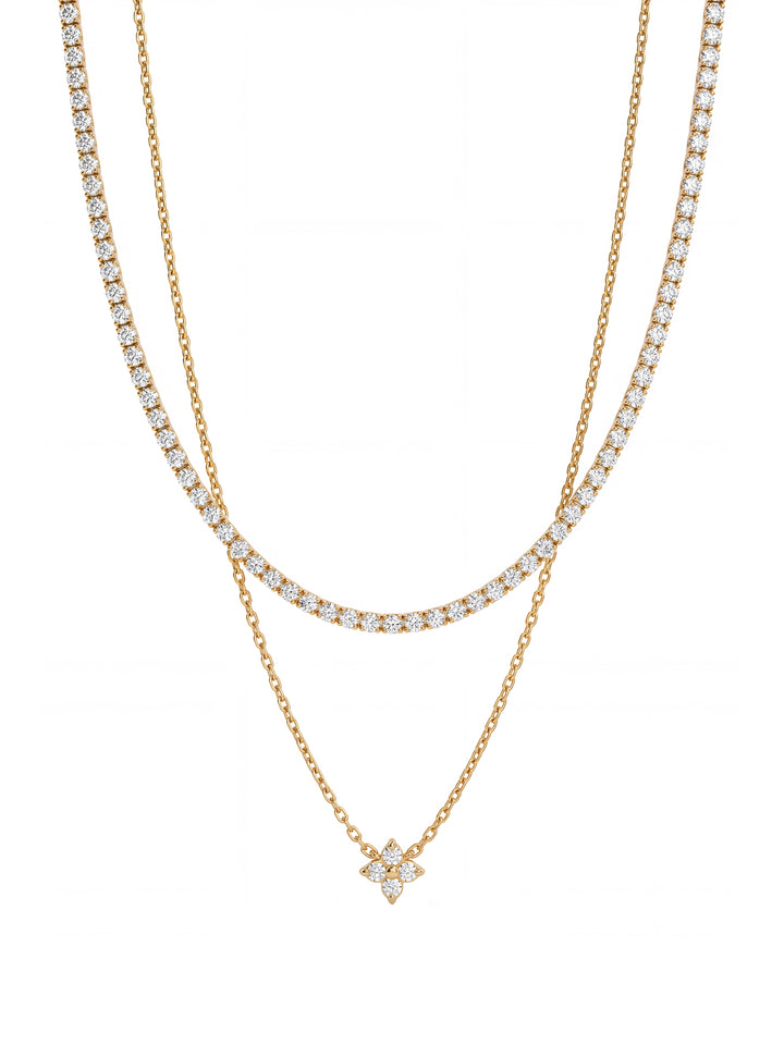 Collar Doble Zirconias Y Dije Flor