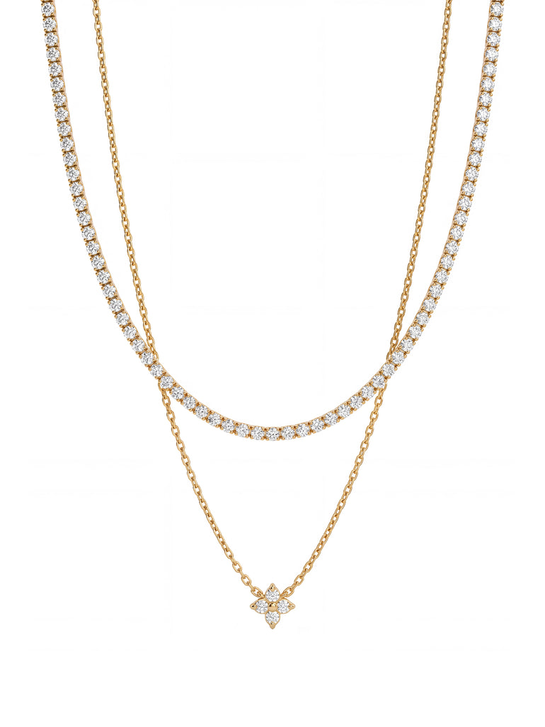 Collar Doble Zirconias Y Dije Flor
