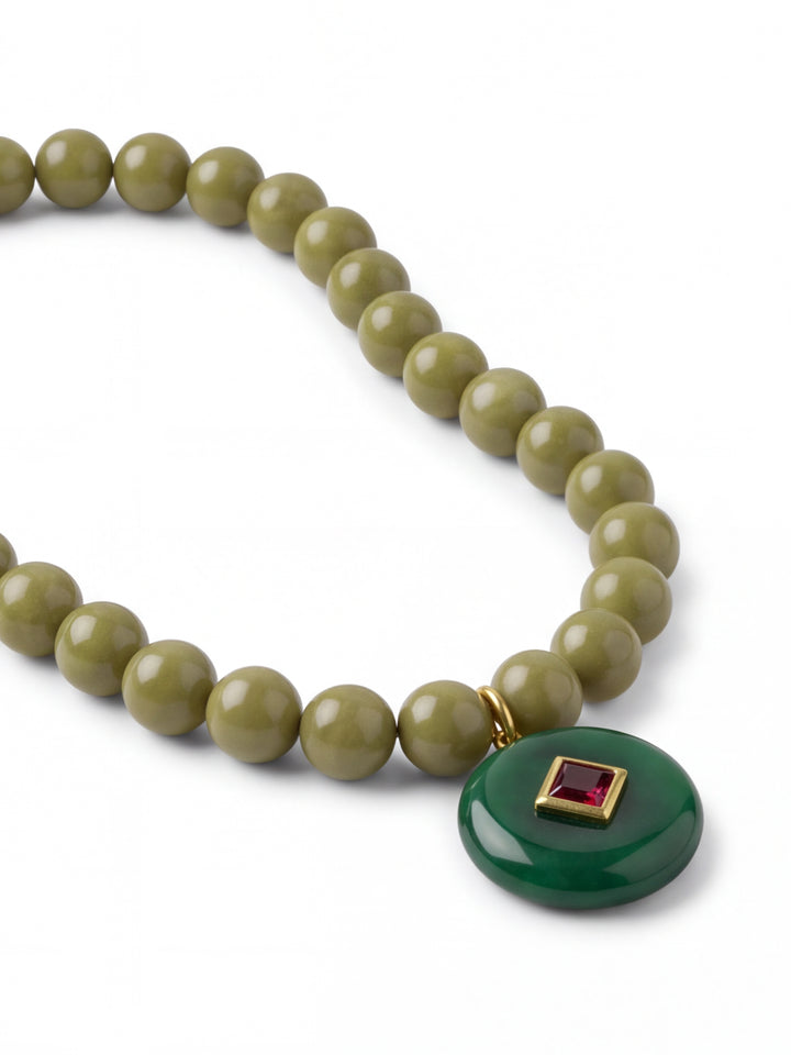 Collar Bolitas Verde Con Dije Redondo