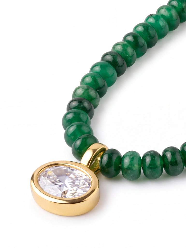 Collar Verde Oscuro Con Dije Zirconia Ovalada