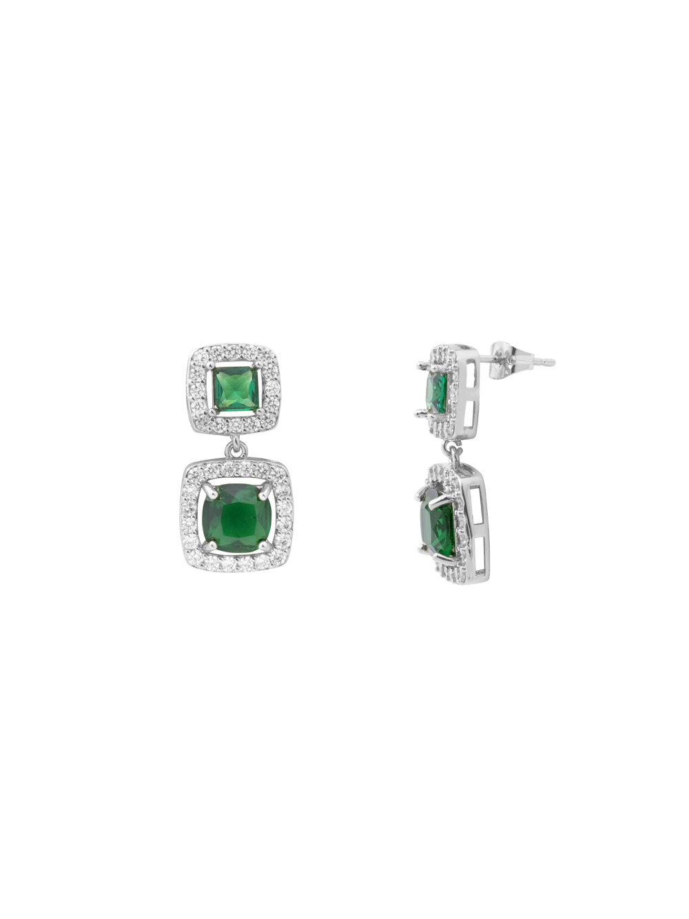 Par Arete Doble Cuadrado Colgante Zirconias Verde