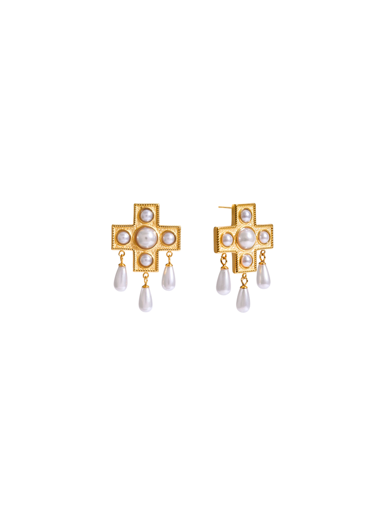 Par Arete Cruz Con Perlas Colgantes