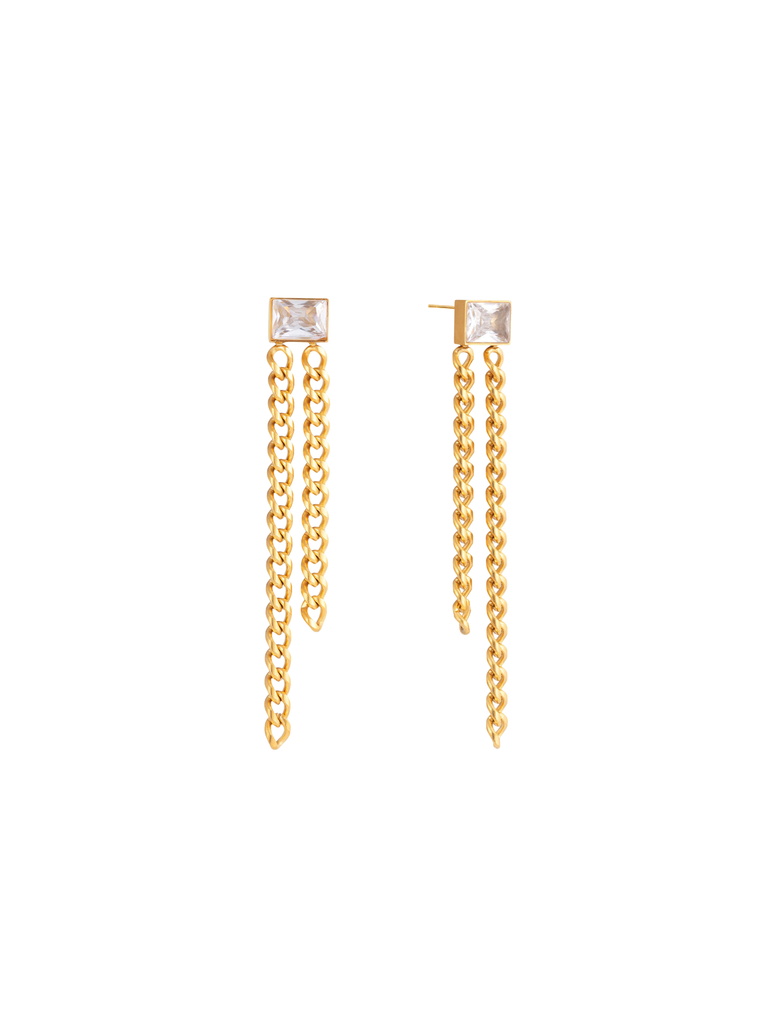 Par Arete Zirconia Rectangular Con Doble Cadena