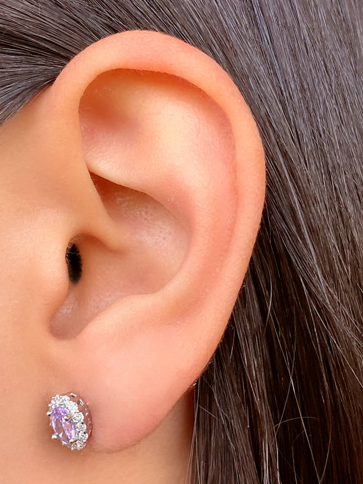 Par Arete Ovalado Birthstone Plateado