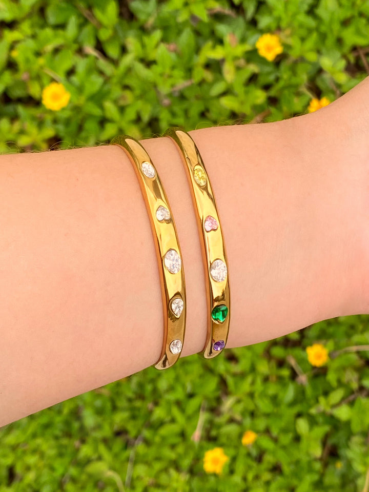 Brazalete Abierto Zirconias Ovaladas Y Corazon