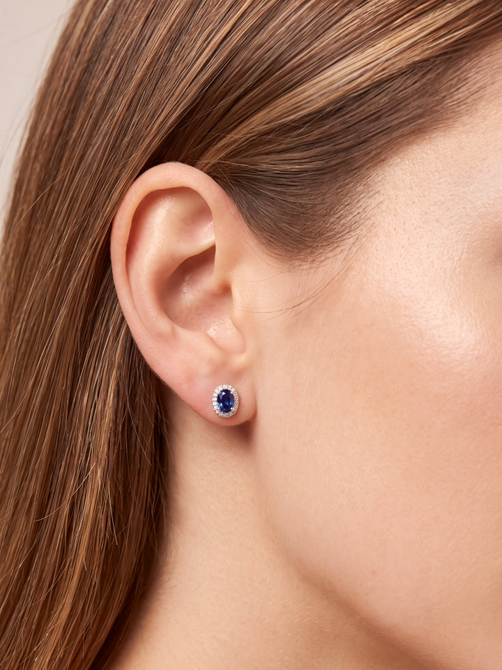 Par Arete Zafiro Corte Oval Con Halo De Diamantes 1.2 CTTW