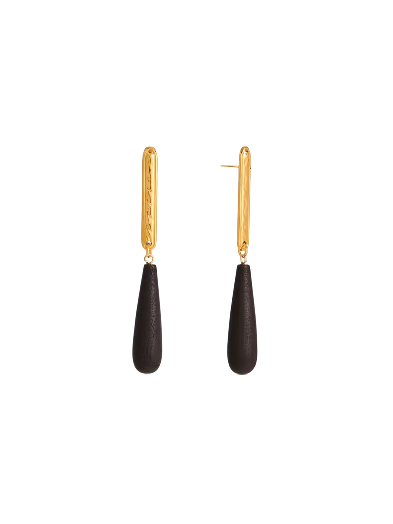 Par Arete Linea Con Dije Gota Madera
