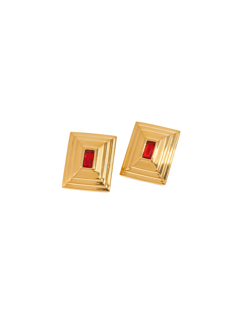 Par Arete Rectangular Con Zirconia Roja