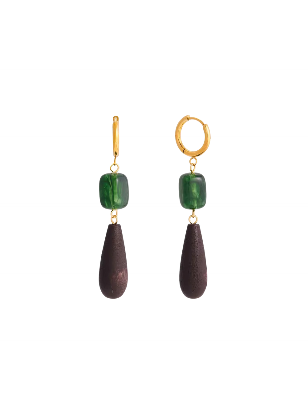 Par Arracada Con Cuadrado Verde y Gota Madera