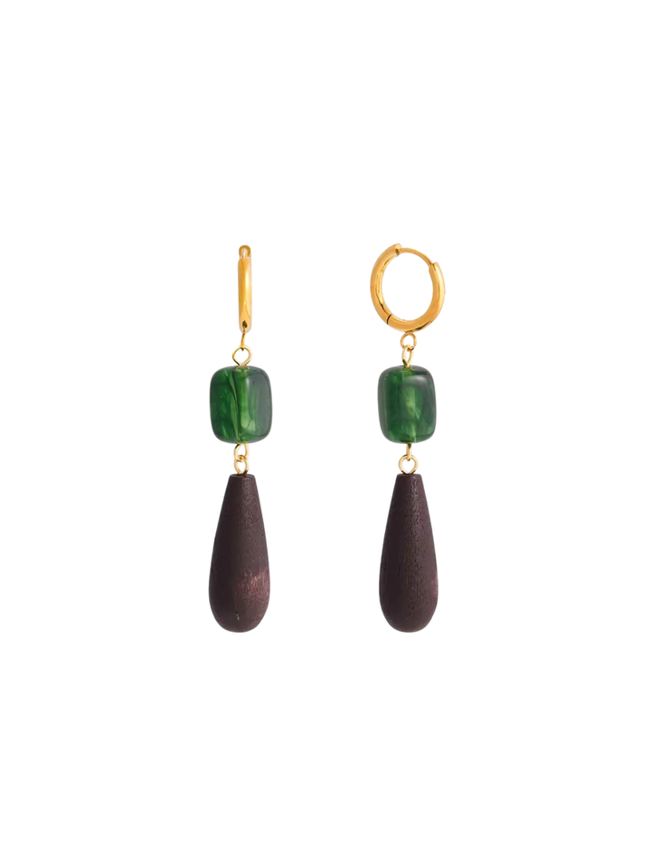 Par Arracada Con Cuadrado Verde y Gota Madera
