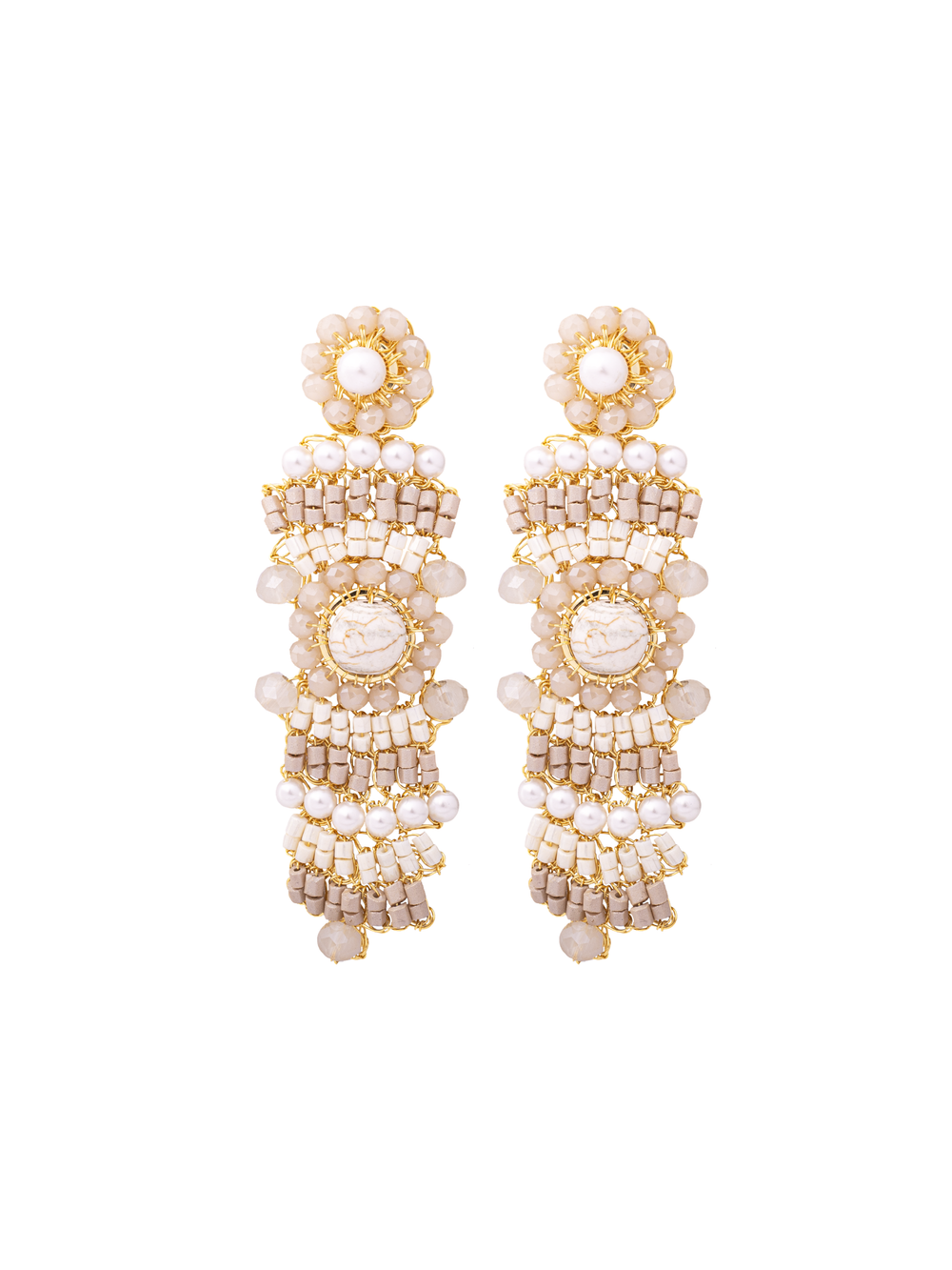 Par Arete Largo Flor Con Piedras Beige