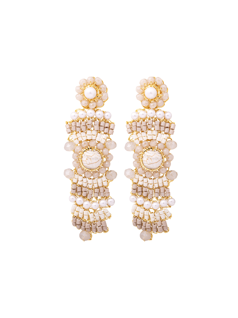 Par Arete Largo Flor Con Piedras Beige