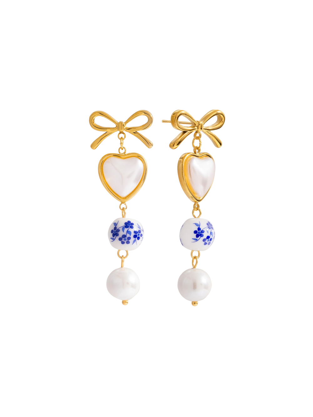 Par Arete Moño Corazon Con Flores Azules