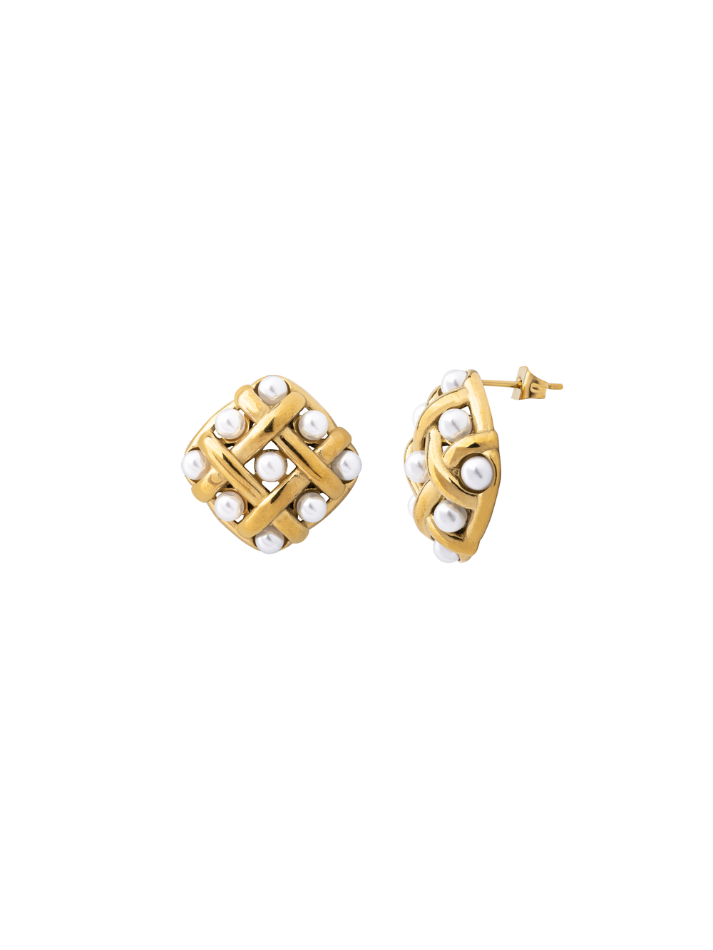 Par Arete Rombo Tejido Con Perla