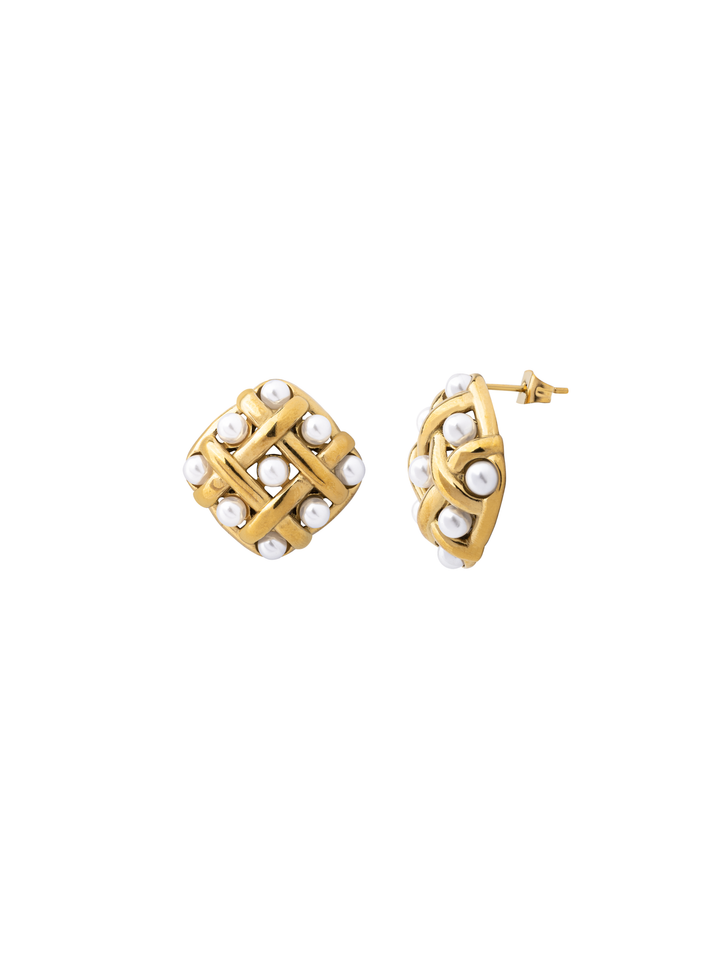 Par Arete Rombo Tejido Con Perla