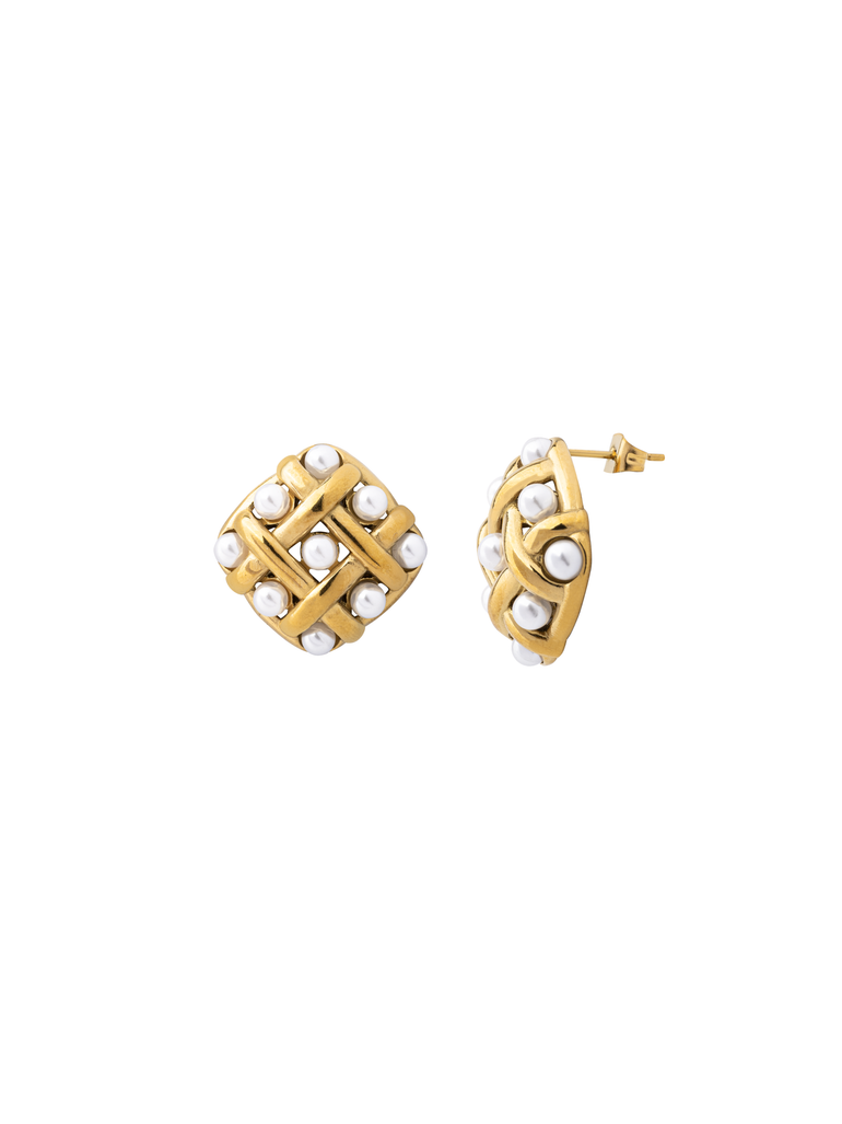 Par Arete Rombo Tejido Con Perla