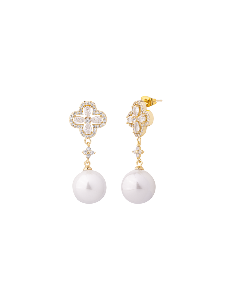 Par Arete Trebol Zirconias Con Perla Colgante