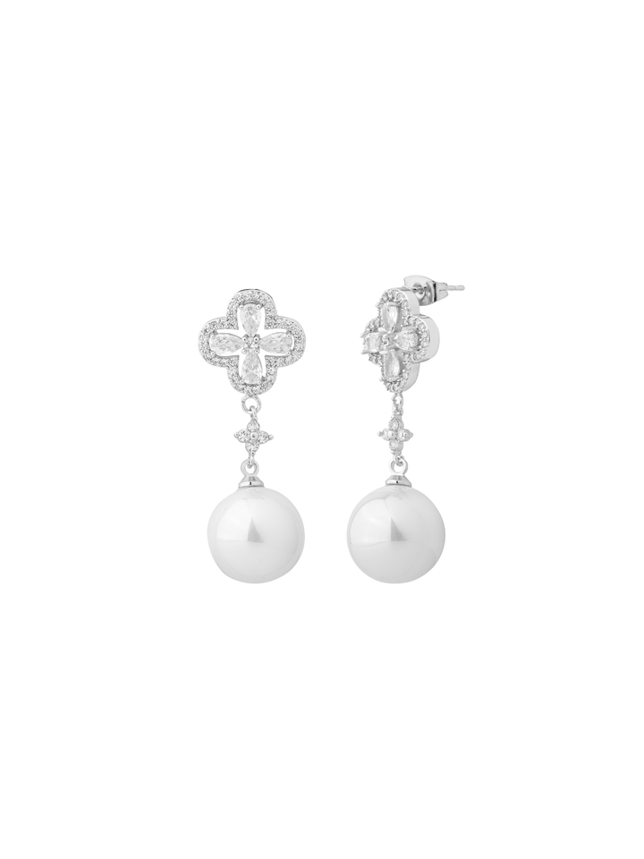 Par Arete Trebol Zirconias Con Perla Colgante