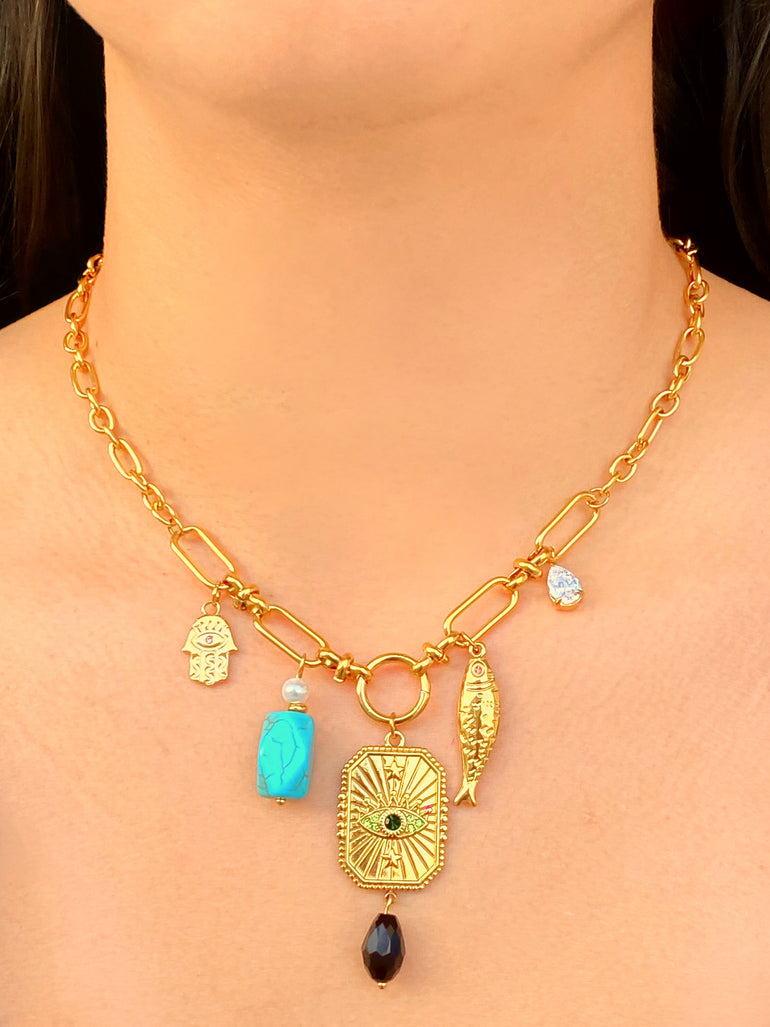 Collar Eslabones Dije Ojos, Mano, Pez y Piedra Turquesa