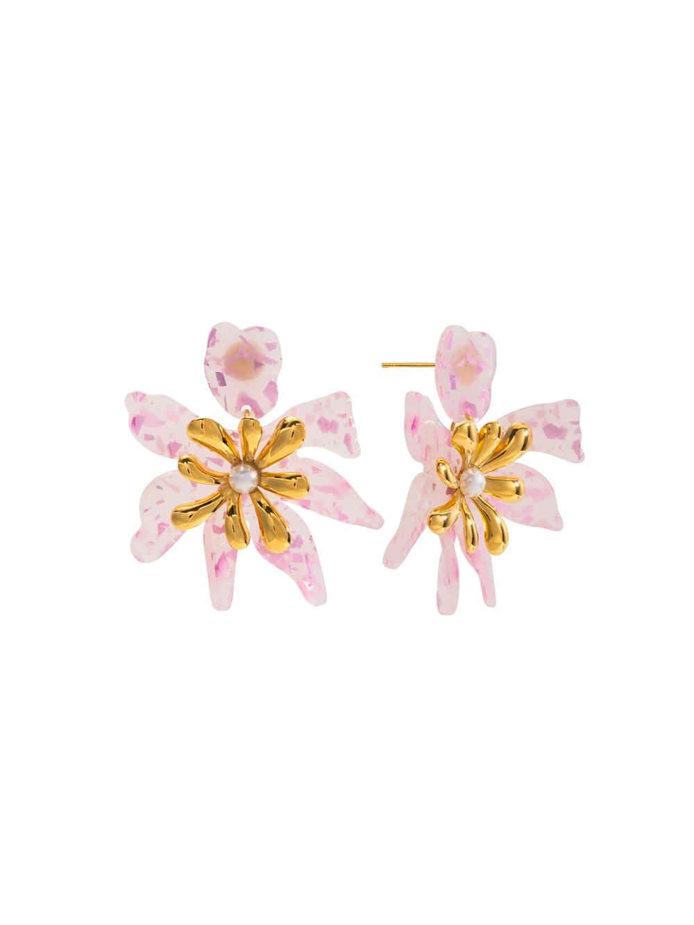 Par Arete Flor Rosa Centro Dorado