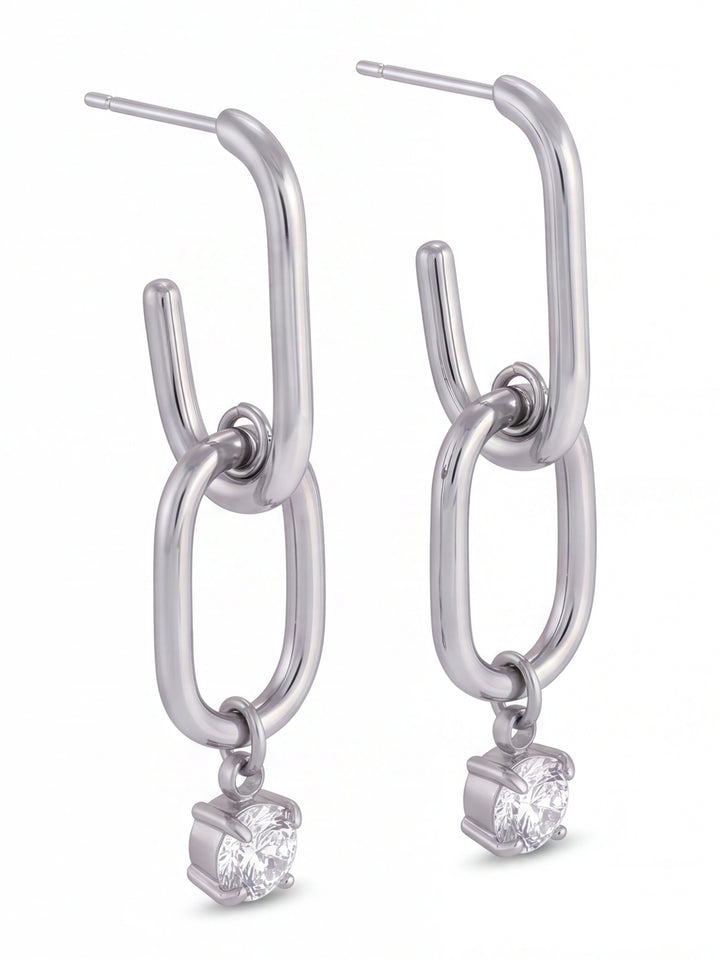 Par Arracada Rectangular Dije Eslabon Con Zirconia
