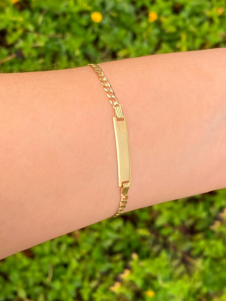 Esclava Eslabon Cubano 3 mm Niño/a Con Placa Oro 14k