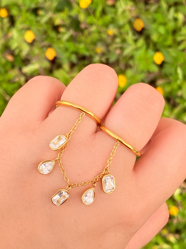 Anillo Doble Con Cadena Baguettes