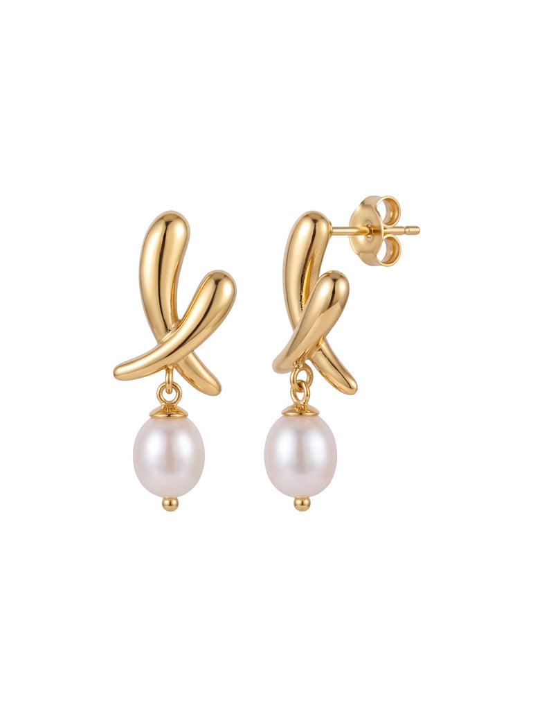 Par Arete Doble Gota Cruzada Con Perla