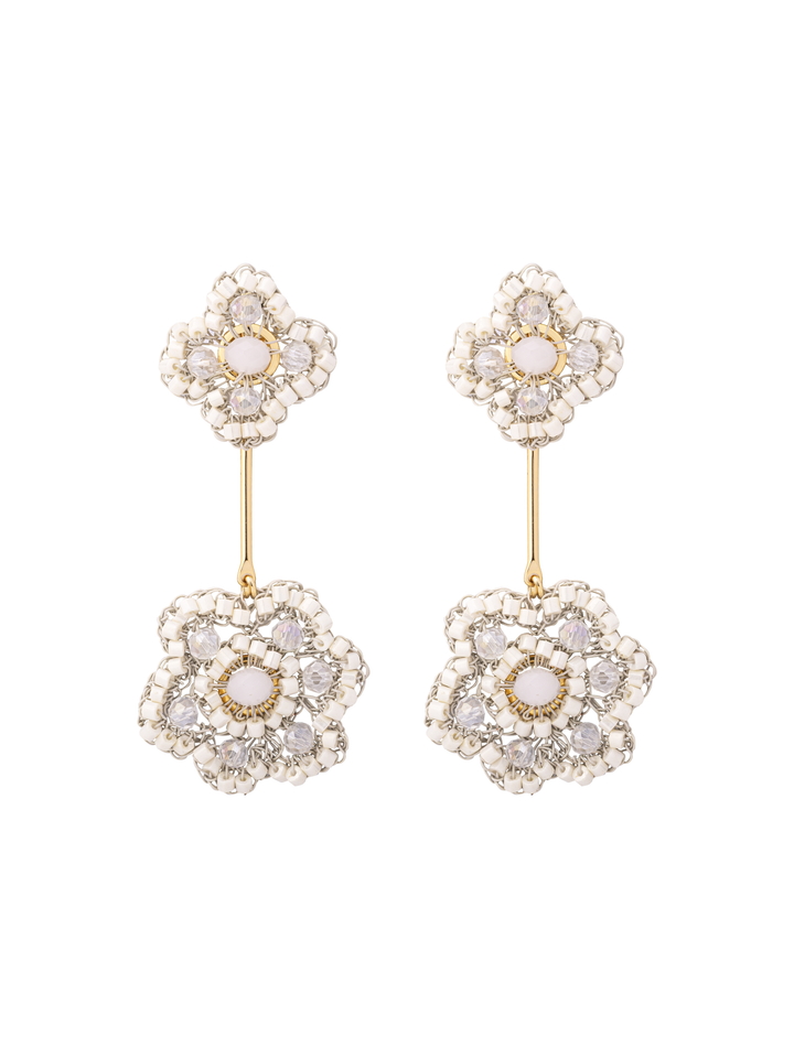 Par Arete Doble Flor Blanca 2 en 1