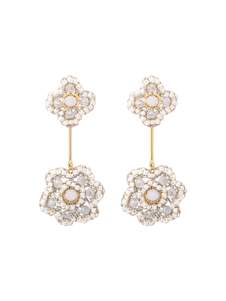 Par Arete Doble Flor Blanca 2 en 1