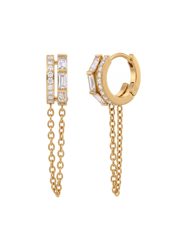 Par Arracada Doble Zirconias Y Baguettes Con Cadena