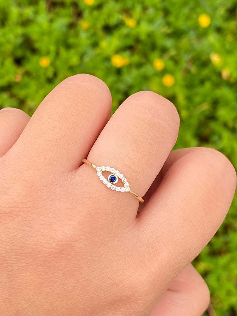 Anillo Con Ojo Azul Zirconias Oro 14k