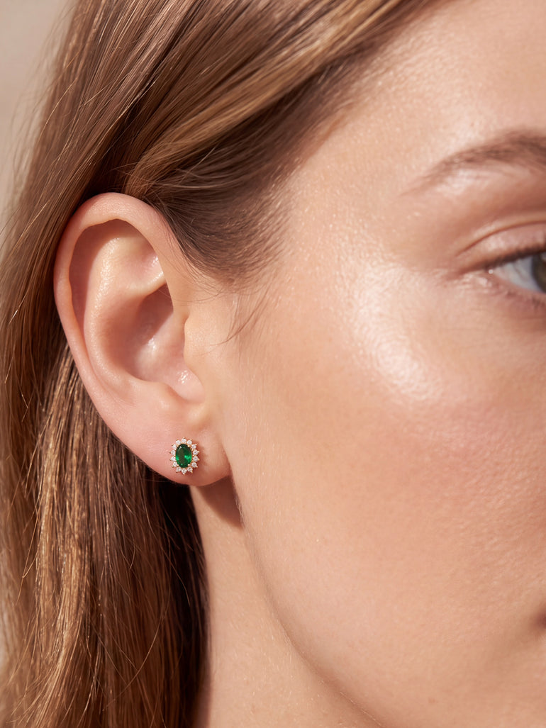 Par Arete Zirconia Verde Ovalada Con Halo Floral
