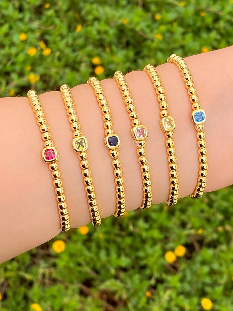 Pulsera Dorada Bolitas Birthstone Cuadrado