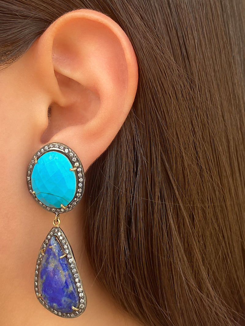 Par Arete Doble Piedra Gota Lapislázuli y Turquesa