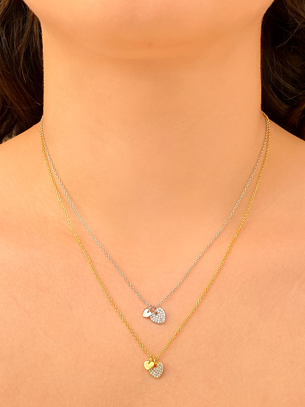 Collar Dije Doble Corazon Con Zirconias