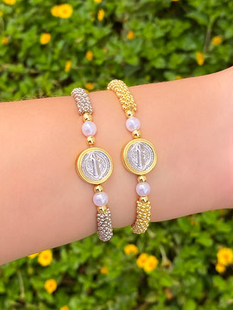 Pulsera Con San Benito Grande Combinado Dos Perlas