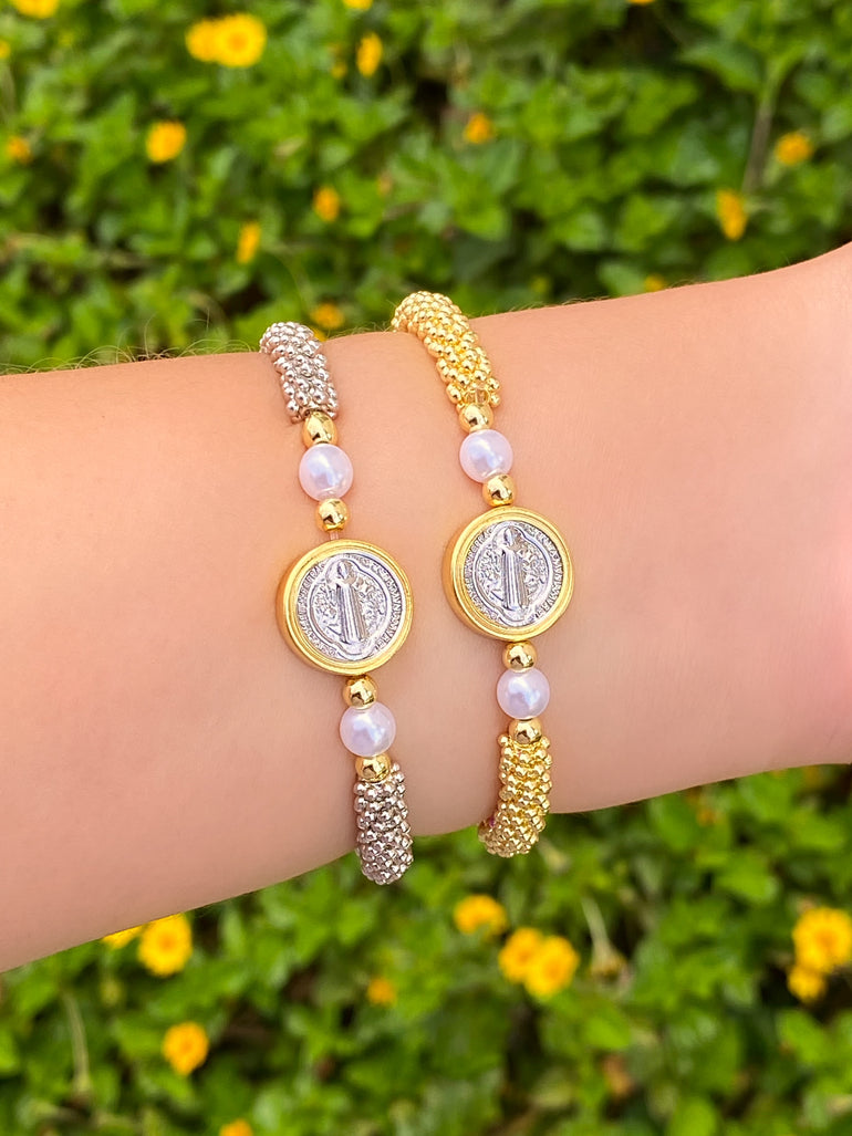 Pulsera Con San Benito Grande Combinado Dos Perlas