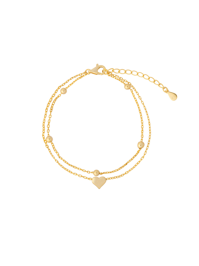 Pulsera Doble Cadena Bolitas Con Corazon