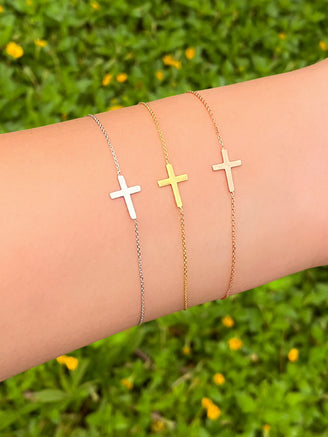 Pulsera Delgada Con Cruz Oro 14k