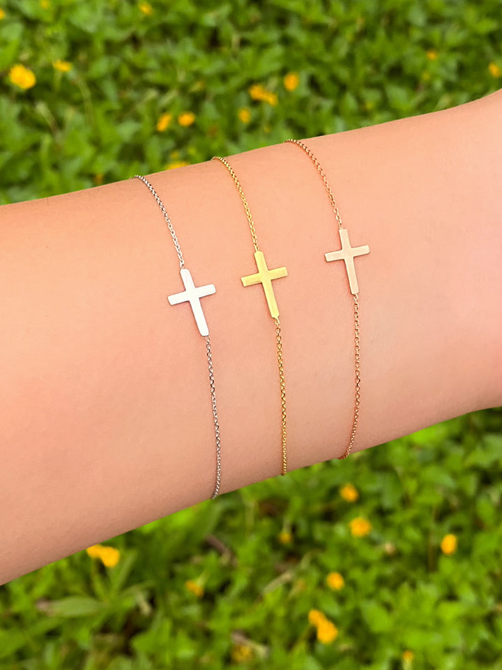 Pulsera Delgada Con Cruz Oro 14k