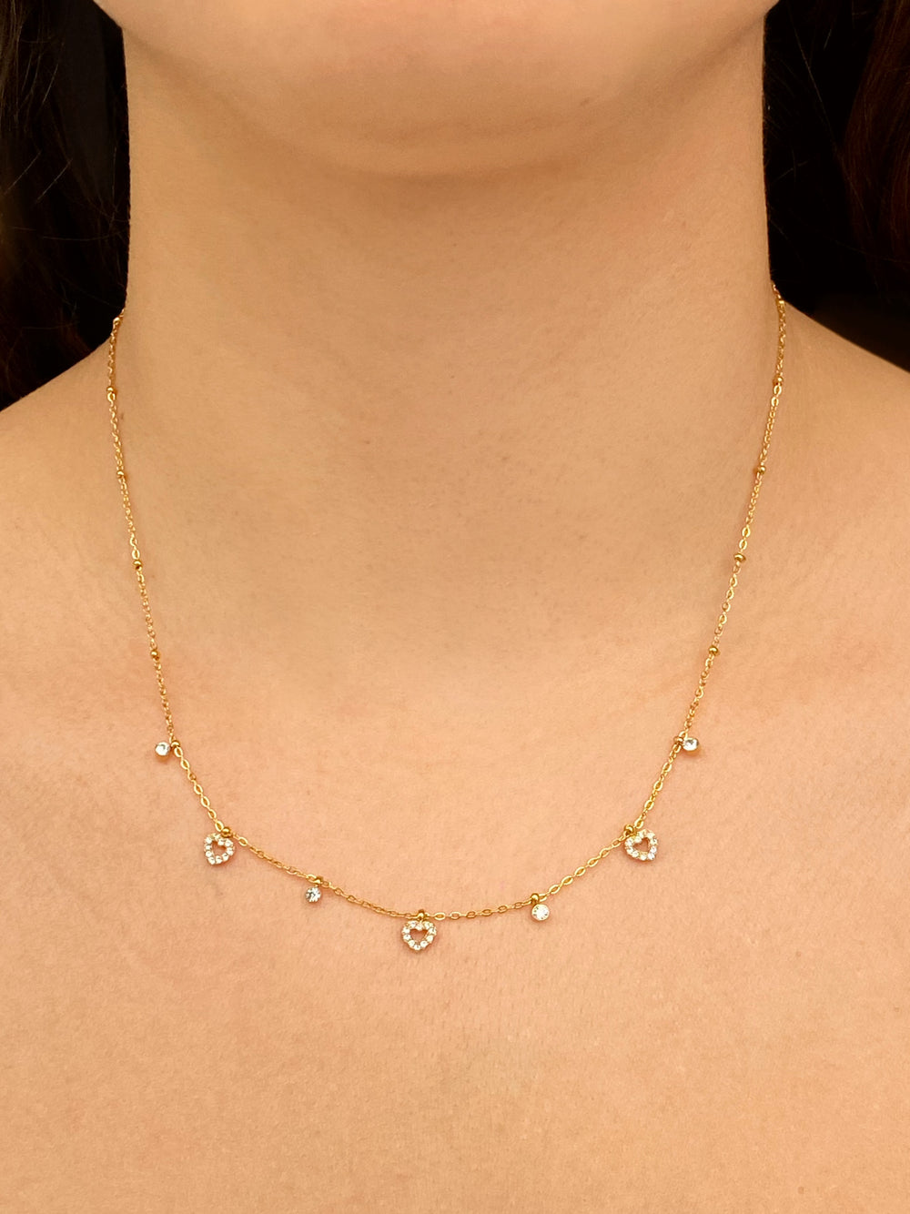 Collar Bolitas Con Corazones y Zirconias