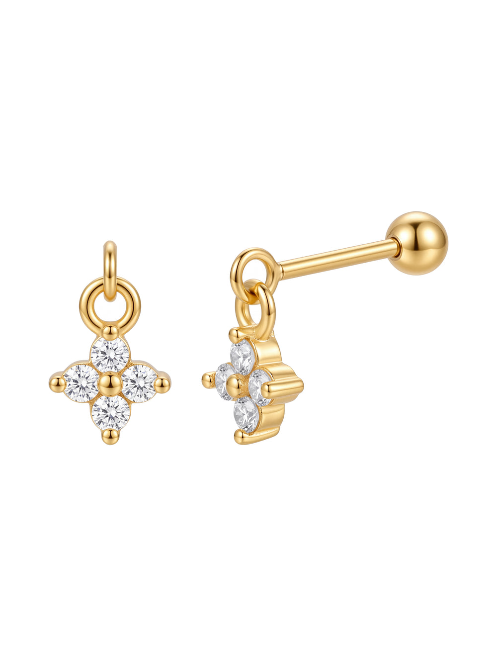 Arete Colgante Flor 4 Petalos Zirconias Acero Inoxidable