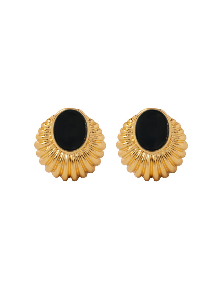 Par Arete Con Piedra Negra Ovalada Con Lineas