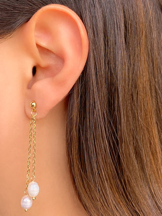 Par Arete Doble Cadena Con Perla